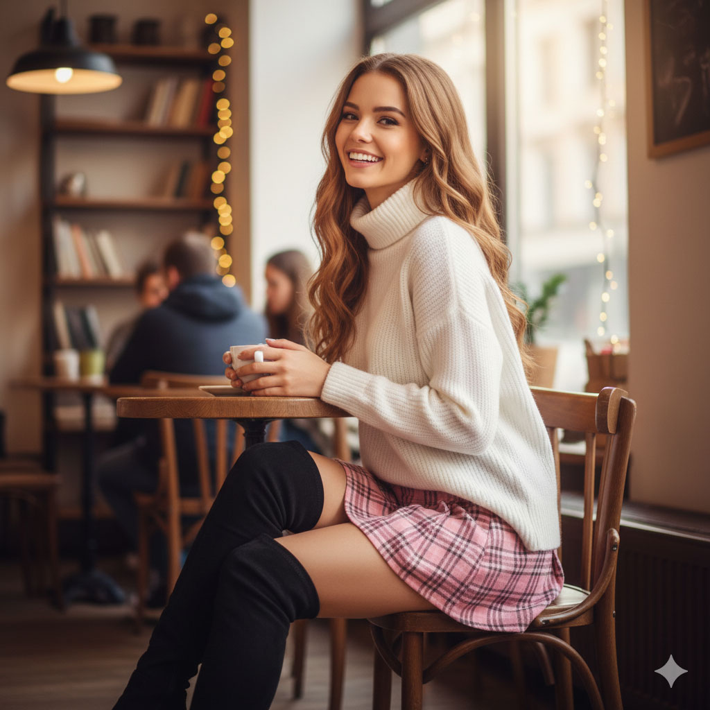 استایل بوت بلند بالای زانو با دامن کوتاه چهارخونه